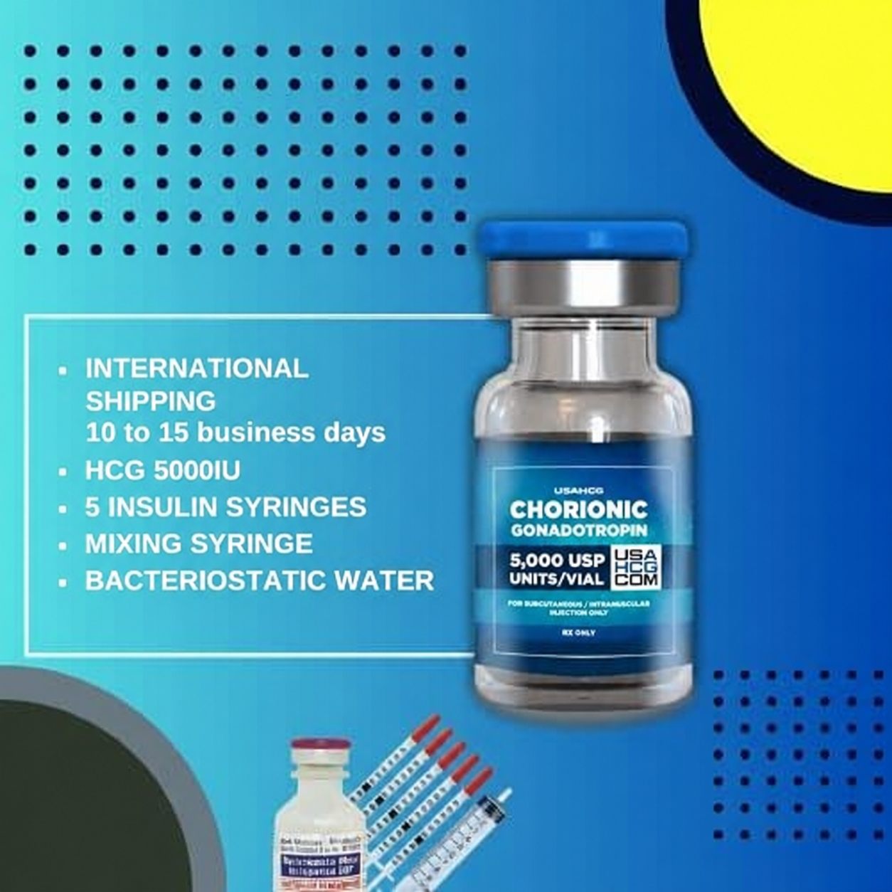 HCG vial with mixing and administration supplies